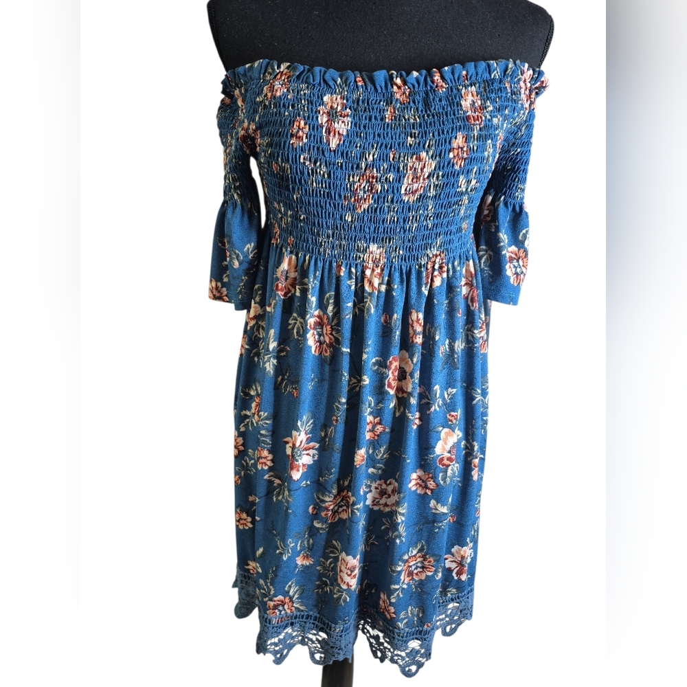 Boho Blue Floral Smocked Off-Shoulder Dress with Large Crochet Hem Sz L